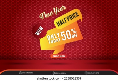 new year sale discount social media template banner post with blank space for product sale with abstract gradient red background