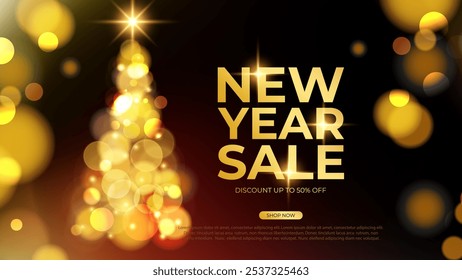 Ano Novo Venda festivo banner comercial para promoção de compras de férias e publicidade de venda. Árvore de Natal e luzes bokeh borradas brilhantes. Ilustração vetorial.