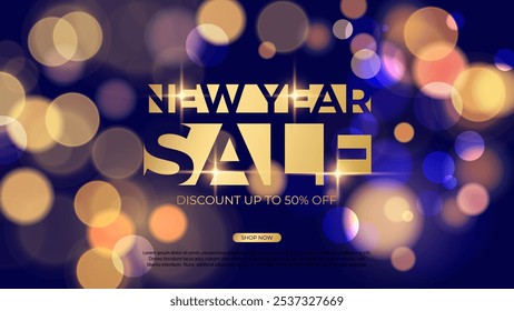 New Year Sale festive commercial banner for holiday shopping promotion and sale advertising. Bright blurred bokeh lights. Vector illustration.