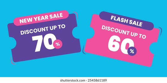 New Year Sale and Flash Sale Discount Promo Voucher with Purple Pink Color on Blue Background