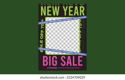 New Year Sale Flyer. Vector illustration. Winter holiday invite, snowflakes and streamers. Minimal flyer, brochure voucher template.