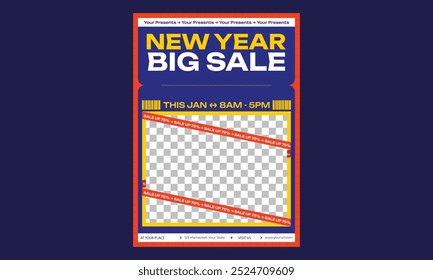 New Year Sale Flyer. Vector illustration. Winter holiday invite, snowflakes and streamers. Minimal flyer, brochure voucher template.