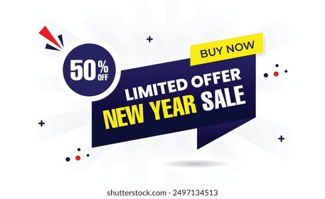 New Year Sale Limited Offer Buy Now 50% Off Banner Template with White Background, Dark Blue and Light Blue Gradient Shine, Yellow Shapes Vector Art for Best Selling Promotions discount, sale, offer