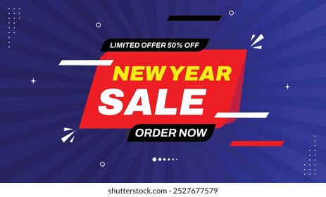 New Year Sale Limited Offer Get 50% Off Order Now with Eye-Catching Banner Elements, Shapes Templates in Red, Black, White, and Purple Gradient. Perfect Sale Backgrounds to Boost Your Business