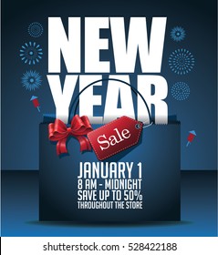 New Year sale marketing background template with shopping bag and copy space. EPS 10 vector.