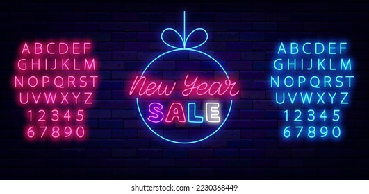 New Year sale neon label on brick wall. Christmas tree ball frame. Colorful advertising. Special offer flyer. Shiny blue and pink alphabet. December shopping. Glowing banner. Vector illustration