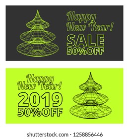 New Year sale outline vector banners set on the black and green backgrounds