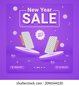 New year sale, phone promo square banner template with two display podium on purple background