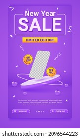 New year sale, phone promo poster or story template with purple background