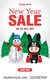 New Year Sale poster with funny snowman and kid in christmas costume bunny. New Year sale banner design with 50 Discount. Vector illustration