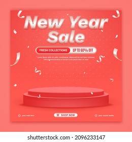 New year sale promo discount square banner template with podium on red background