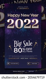 New year sale promo social media story or poster template with fireworks background