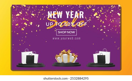 New Year sale promotion poster banner with product display and festive  background