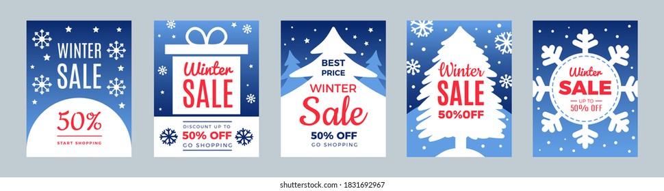 New Year Sale. Season Discount, Winter Best Price Flyers Set. Christmas Promo Cards Vector Template