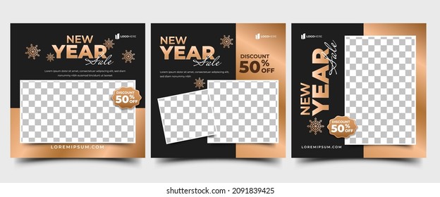 New year sale social media post template collection. Editable square banner with place for the photo.