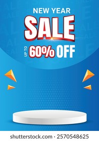 New year Sale social media post with podium and gradient background. Sale promotion social media, Vector design for social media. Up to 50% off, 60% off, 70% off.