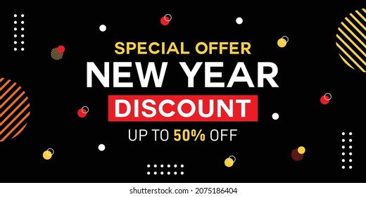 New Year Sale special offer banner with hand lettering for commerce, business, promotion and advertising. Discount up to 50% off. Shop now. Vector illustration.