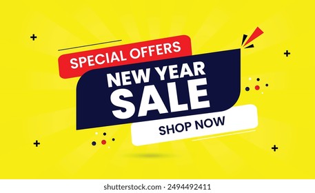 New Year Sale special offers banner template with yellow background, black, shiny blue, and white vector shapes perfect for eye catching promotions and driving high engagement holiday, background