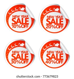 New Year sale stickers 10,20,30,40 with santa ,deer and sleigh.Vector illustration