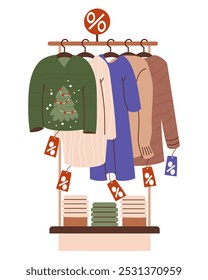 New Year sale. Store Christmas shopping. Shop rack with fashionable clothes and ugly xmas sweater with tree on hangers. Vector illustration. Concept Season purchase, gifts. Black Friday