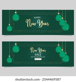 New Year sale tickets on dark green background with New Year's balls.. Winter vector illustration, New Year gentle poster, banner, discount coupon