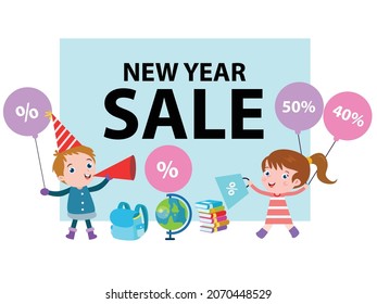 New year sale vector concept. Two children holding balloons while standing with new year sale text