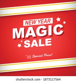 New year sale vector good for branding, post feed, social campaign. New year magic sale in red background with white and gold ribbon. Special price in new year.