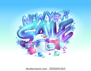 New Year sale vector web banner with snowman, Christmas balls, and 3D style glossy lettering
