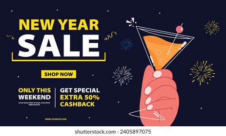 "New Year Sale: Vibrant banner template, inviting customers to dive into fantastic deals and savings, creating a memorable start to the year-end shopping spree!"