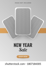 New year sales promotion banner or poster with smartphone template. Social media stories and feed templates
