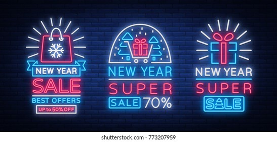 New Year sales set of cards in neon style. Collection of neon signs of posters on New Year's sales and discounts. Flyer, Postcard, banner, night shining sign of holiday discounts. Vector illustration