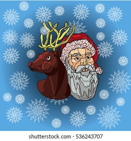 New Year Santa Claus and deer blue background snow.