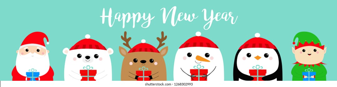 New Year. Santa Claus Elf White bear Snowman Raindeer Deer Penguin bird face icon set. Holding gift box.  Vector