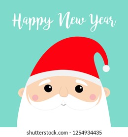 New Year. Santa Claus face head icon set. Merry Christmas. Red hat. Moustaches, beard. Cute cartoon funny kawaii baby character. Greeting card. Flat design. Blue background. Vector illustration