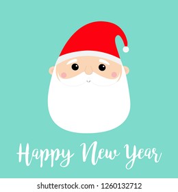 New Year. Santa Claus face head round icon. Merry Christmas. Red hat. White moustaches, beard. Cute cartoon funny kawaii baby character. Greeting card. Flat design. Blue background Vector illustration