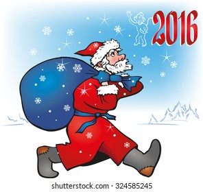 New year. Santa Claus with his bag goes from Lapland. The Year of  Monkey. Hand drawn artwork. Concept for New year  cards, tickets, New year party. Can be used for flayers, banners, posters. Vector.