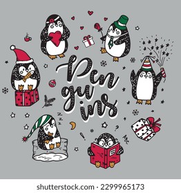 New Year Santa Claus penguins print vector
