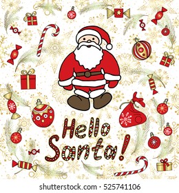 New Year Santa Claus vector background. Stylized holiday hand drawn illustration.