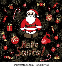 New Year Santa Claus vector background. Stylized holiday hand drawn illustration.