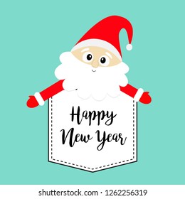 New Year. Santa Claus wearing red hat, costume, big beard. T-shirt pocket. Cute cartoon kawaii funny character with open hand. Merry Christmas.Baby collection. Greeting card. Blue background. Vector