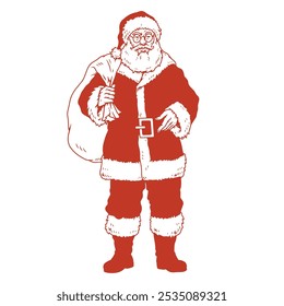 New Year Santa monochrome sticker with Saint Nicholas in festive red outfit holding bag of gifts behind back vector illustration