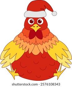 New Year, Santa's assistant rooster. Chinese New Year of the Rooster 2029. Eastern calendar. Chicken in graphic line style. Vector illustration of a New Year bird on an isolated background. 
