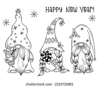 New year Scandinavian gnomes. Cute gnome character with dessert and gnome girl with lollipop. Vector illustration. hand drawing, Doodle. Isolated Christmas characters