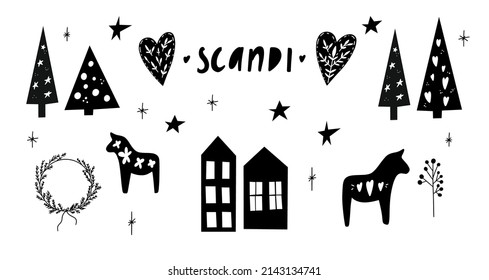 New year scandinavian set. Cute cartoon simple New Year. Spruce, Christmas tree, old buildings, wreath, Christmas toys. Modern design for cards, banners, printed materials.