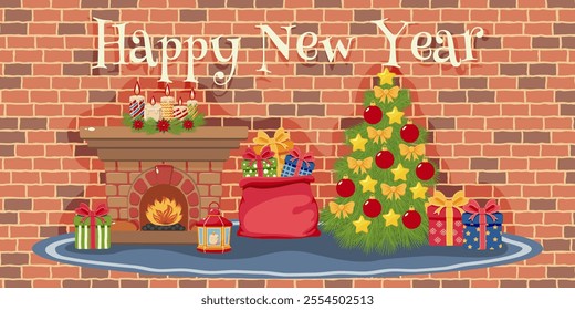 New Year scene featuring a fireplace with lit candles, a decorated tree, a  Santas sack with gifts on a brick wall background. For holiday invitation, greeting card, poster, banner.