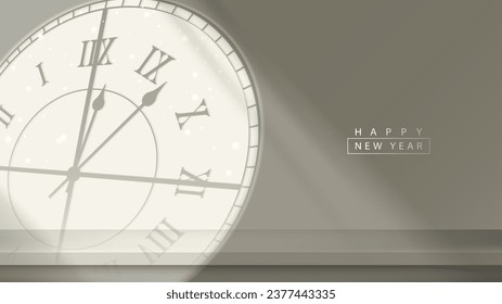 New year scene with shadow of time clock shines into shelf wall room. Happy New Year. Vector illustration.