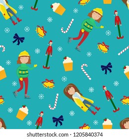 New Year sealmless pattern with girls in winter clothes and seasonal elements.