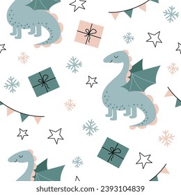New Year seamless background. Cute dragon with gifts on a white background with snowflakes. Vector illustration for New Year's design, wallpaper, packaging, textiles. children's collection.