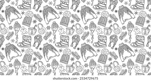 Nuevo año de fondo sin fisuras con diseño hecho a mano en acero doodle. Sombrero, guantes, suéter sobre un fondo blanco aislado. Ropa de invierno. Ilustración vectorial Doodle.