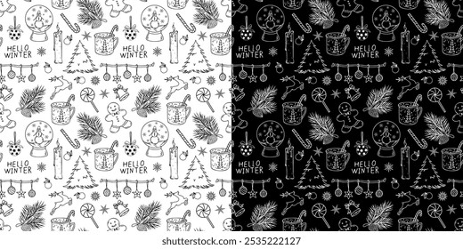 New Year seamless background with handmade design. Christmas tree, hot drink, garland on isolated white and black background. Winter clothes. Doodle vector illustration.